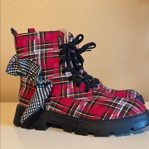 Betsey Johnson Red and Black Combat Boots with Chunky Sole (NWOT)